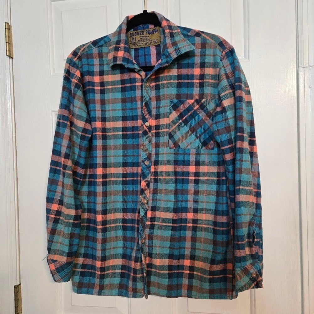 VTG Rugged Point Plaid Flannel Shirt Blue Brown Peach Button Up Mens Sz M‎